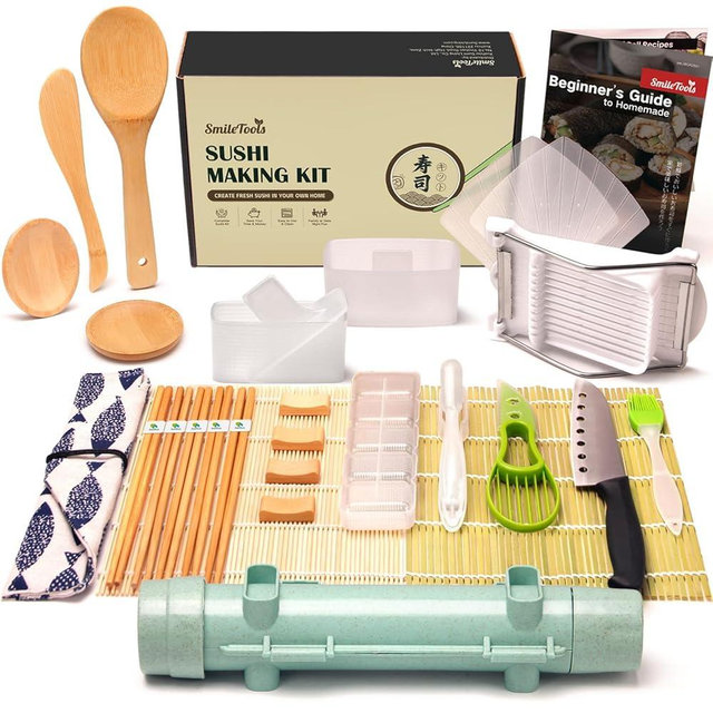 SmileTools Sushi Making Kit & Musubi Maker Kit - for Beginners & Pros with Sushi Roller Bazooka, 2 Bamboo Mats, 2 Musubi Press Molds and Spam Slicer