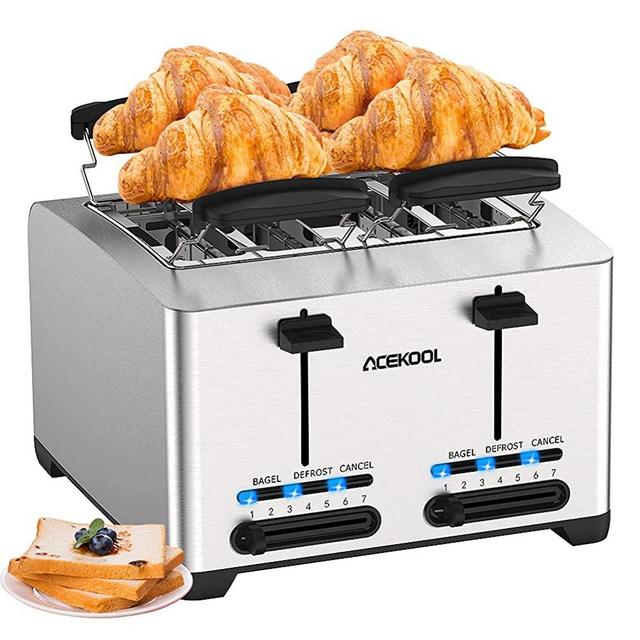 Toaster 4 Slice, Extra-Wide Slot Toaster Bread Toasting Stainless Steel Toaster for Bread Waffle Bagel, 7 Toast Shade Settings 3 Function with Removable Crumb Trays & Warming Rack 1500W TA1