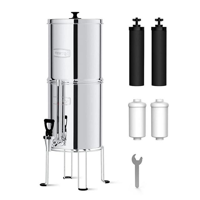 Waterdrop WD-TK-FS Gravity-fed Water Filter System, 2.25-Gallon Stainless-Steel System, with 4 Filters, Metal Water Level Spigot and Stand, Reduces up to 98.95% of Chlorine&Bad Taste-King Tank Series