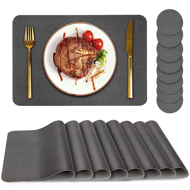 Placemats Set of 8, Placemat with Coasters Heat Stain Scratch Resistant Non-Slip Waterproof Oil-Proof Washable Wipeable Outdoor Indoor for Dining Patio Table Kitchen Decor and Kids，（Grey 8）