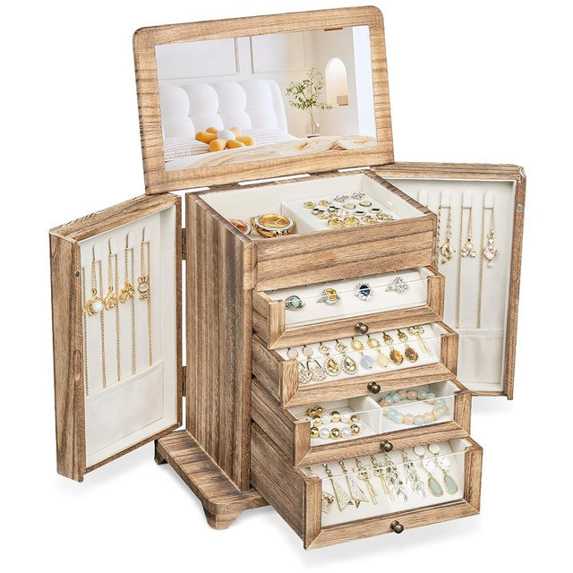 Bellaownia Large Jewelry Box & Organizer for Women, Wooden Jewelry Storage with 4 Transparent Drawers, Holds Necklaces, Rings, Bracelets, Earrings and Watches(Brown)