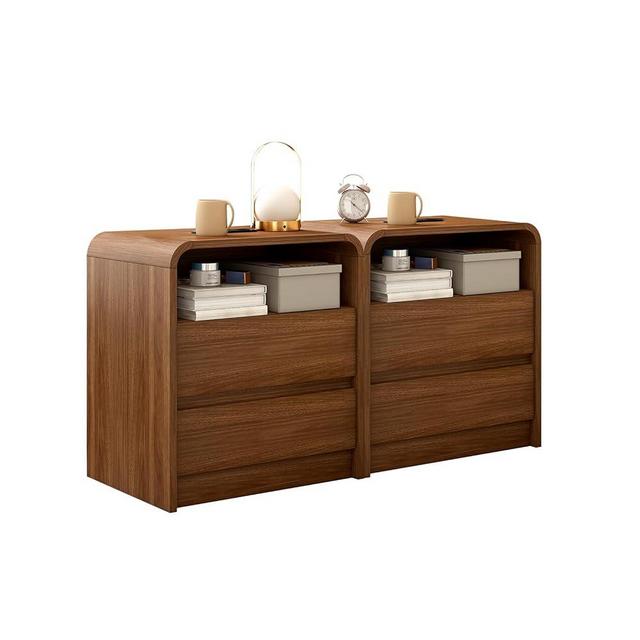 Walnut Nightstand Set of 2 with Charging Station, 21 Inch Wide Night Stand with Drawers, Modern Bedroom Bedside End Table with Round Corners Anti-Collision Design for Dorm, Sofa, Office