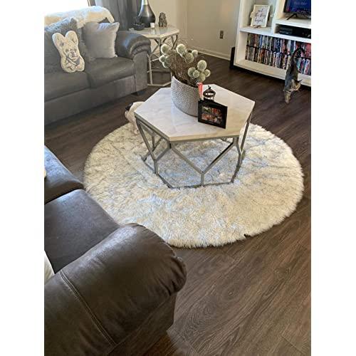 LEEVAN Super Soft Faux Fur Sheepskin Rug Shaggy Rug Round Area Rugs Floor Mat Home Decorator Carpets Kids Play Rug White and Black,4 Diameter