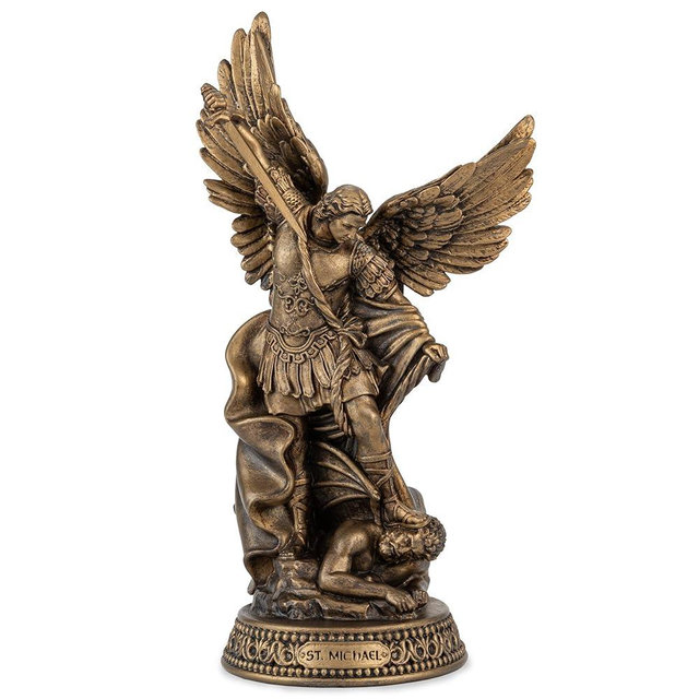 DevotedWalls 8" H Saint Michael Statue Painted in Black Bronze Finish,Resin San Miguel Figurine with Name Plate, Great Protector Archangel Michael Defeating with Satan Statue,Angel of Miguel for Gifts