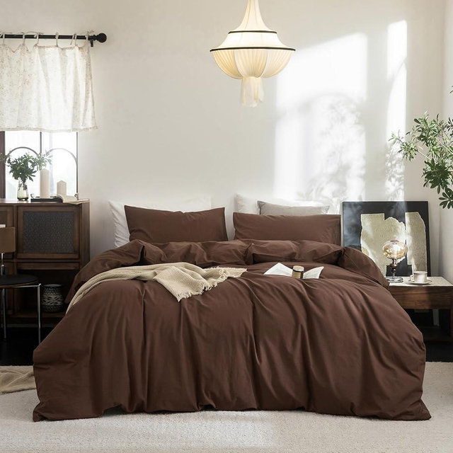 FOSSA Duvet Cover Set 100% Washed Cotton Linen Feel Super Soft Breathable Cozy 3 Pieces Bedding Sets Solid Cocoa Brown Queen