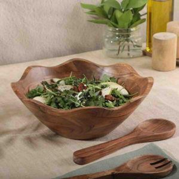 Gibson Home Sandhurst 3-Piece Wooden Salad Bowl Set -12-Inch Scalloped Bowl with Wooden Salad Servers