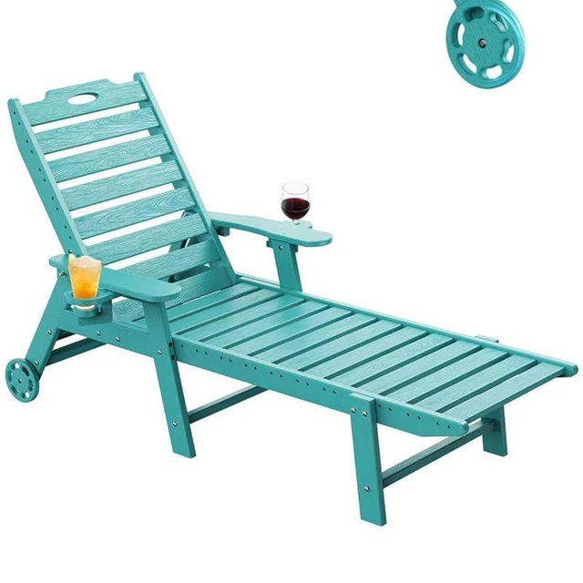 Carauci Lounge Chair Outdoor, HDPE Chaise Lounge with Wheels, 5-Position Adjustable Backrest & 2 Cup Holders Patio Lounge Chair, All-Weather Pool Sun Lounger for Poolside, Backyard, Lake Blue