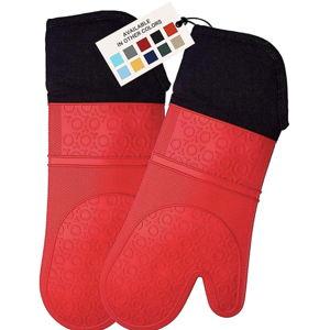 BPA-Free Soft Silicone Oven Mitts - Ultra Heat Resistant Oven Mitts with Thick Cotton Liner - Extra Long Slip Resistant Pot Holders, Flexible Oven Gloves - Red/Black 14.7"