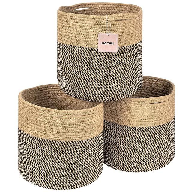 voten Storage Cubes Baskets Bins Organizer 11x11x11'' Fit 12x12''Cube Storage Organizer Bookcases Shelf,Durable Woven Cotton Storage Basket for Organizing,Round 3Pack Black&Khaki