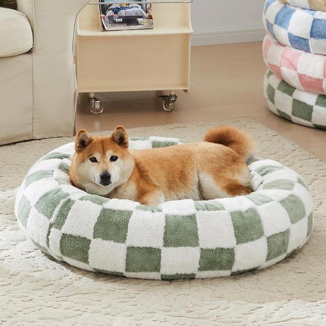 Ohocut Checkered Dog Bed, Cute Sage Green Retro Style Aesthetic Round Warming Pet Calming Beds for Small Dog and Cats, Plush Cozy Donut Washable, 30" L x 30" W x 8" Th