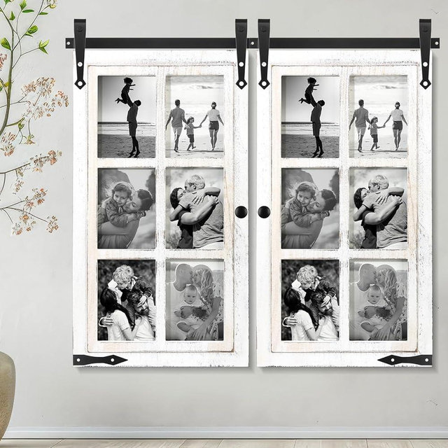 Sintuff 2 Sets Picture Frame Collage Fit 5x7 Photo Multi 6 Opening White Wooden Barn Door Window Farmhouse Picture Frame Collage for Living Room Bedroom Wall Decor