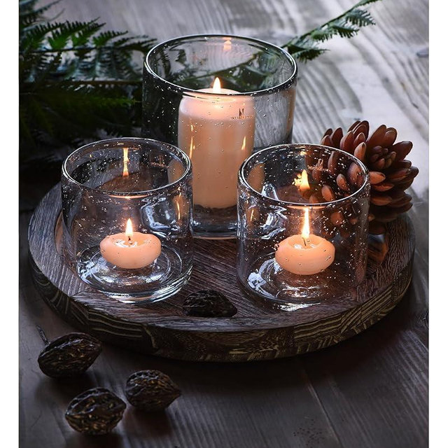 ARIAMOTION Glass Candle Holder Set 3 with Wood Tray Clear Seeded Bubbles Hurricane Cylinders Pillar Votive Modern Farmhouse Centerpieces Coffee Table Decor