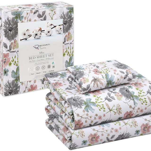 RUVANTI 100% Cotton Sheets – Twin XL Size Percale Bedding, Cooling & Breathable Floral Design, Durable with a Crisp, Soft & Comfortable Feel, 16" Deep Pocket, 3-Piece Set, Dandelion Field