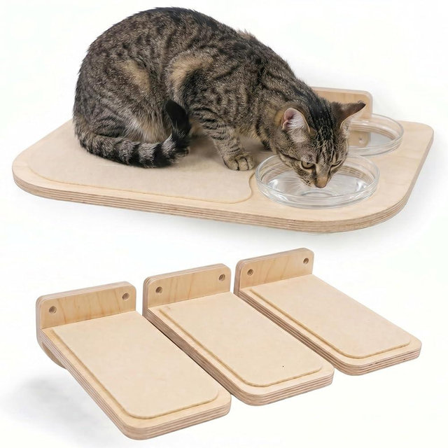 INICIO Cat Shelves – Dog Proof Feeding Station with Wall Mounted Shelves, 3 Steps for wall with Floating Shelf for Cats Up to 15lbs, Includes Cat Food Bowls for Convenient Feeding – Natural Wood