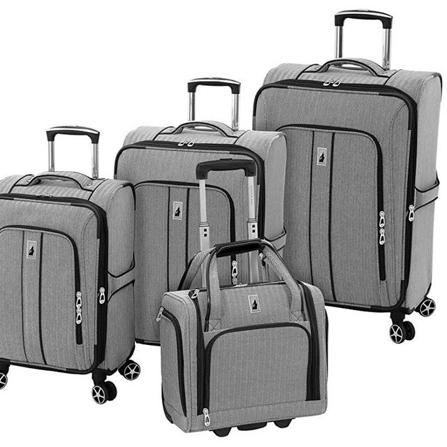 LONDON FOG Newcastle Softside Expandable Spinner Luggage, Black White Herringbone, 4 Piece Set