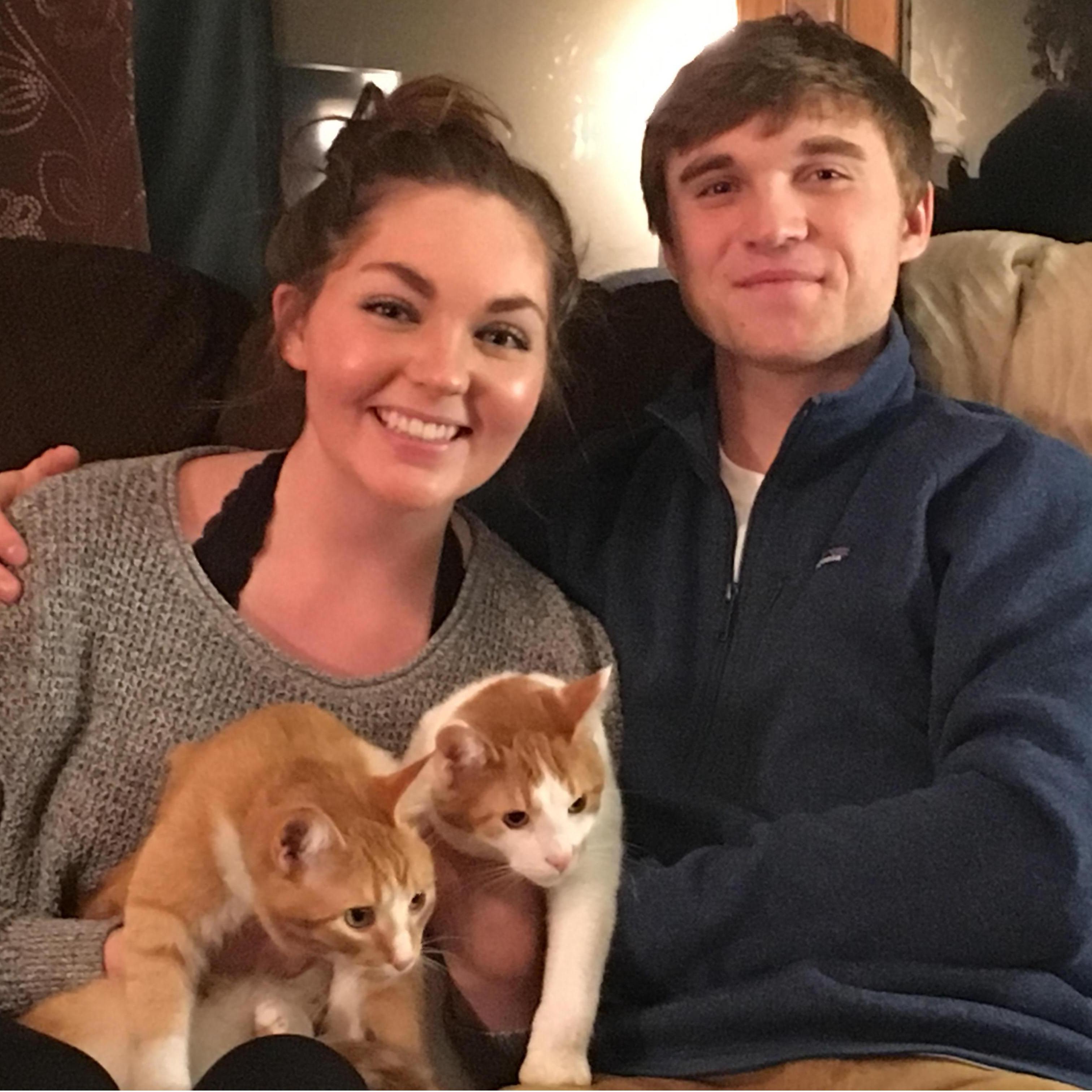 Their first 'family pic' with the cats. -December 2017