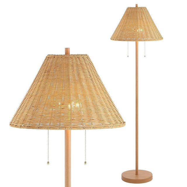 JONATHAN Y JYL3092A Nando 61" 2-Light Coastal Bohemian Iron/Rattan LED Floor Lamp with Pull-Chain Mid-Century, Modern Standing Reading Lamp LED Bulb Included, Brown Wood Finish