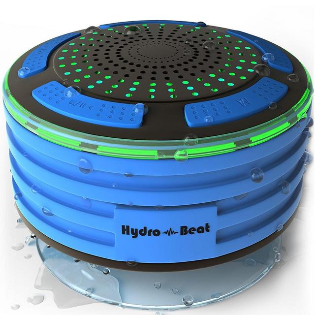 Shower Radios - Hydro-Beat Illumination. IPX7 portable fully Waterproof Bluetooth Speaker with built in FM Radio and LED mood lights. Rechargeable using micro USB. (Blue and Black)