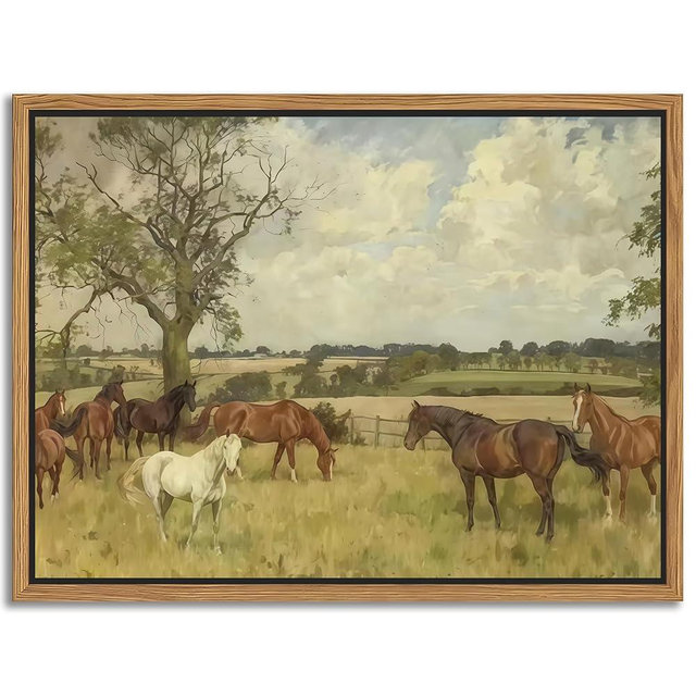 SAMHOU Floating Framed Canvas Wall Art, Vintage Nature landscape Picture Wall Decor, Majestic Brown Horse in The Countryside Poster Prints for Living Room Bathroom Bedroom Rustic Decor 12x16 inch