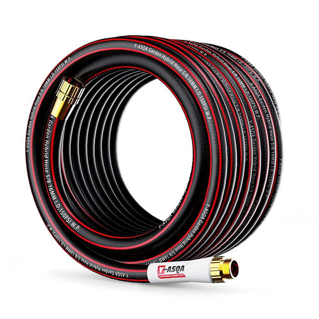 Y-ASQA rubber garden hose 5/8in 100 ft Premium Contractor Kink Free Woven Vinyl Black Coiled Heavy Duty Garden Water Hose