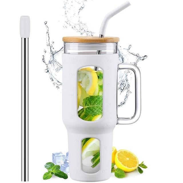 WINSA Glass Tumbler with Lid and Straw, 46 oz Iced Coffee Cup with Handle, Glass Water Bottles with Silicone Sleeve, Glass Cup with Straws - Boba Straw & Drinking Straw BPA Free-White