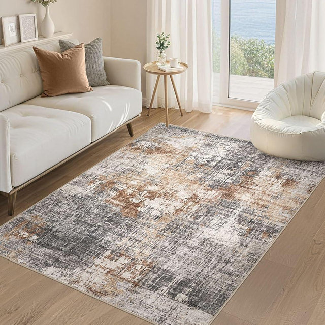 DMOYEST Area Rug Living Room Rugs - 4x6 Abstract Small Soft Indoor Washable Rug Neutral Modern Low Pile Carpet for Bedroom Dining Room Farmhouse Home Office - Grey Brown