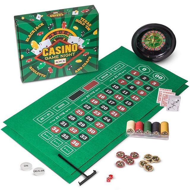 Casino Game Night | 4-in-1 Gambling Game Set | Texas Hold 'Em, Blackjack, Roulette, and Craps | Includes Roulette Wheel, 2 Double-sided Mini Felts, 100 Poker Chips, Craps Dice, Playing Cards, and More
