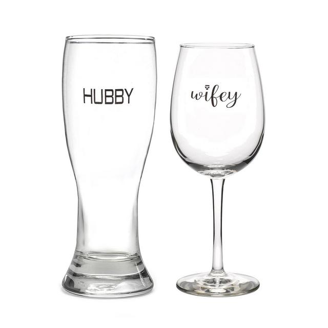 2ct Hubby' Pilsner Glass & 'Wifey' Wine Glass set