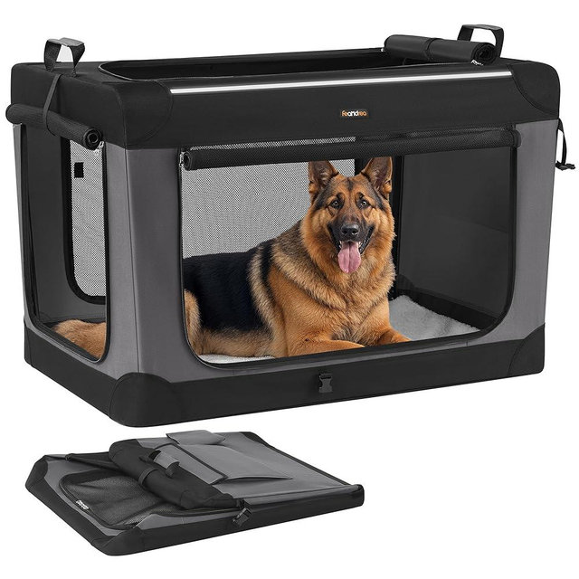 Feandrea Collapsible Dog Crate, 42-Inch Portable Dog Travel Crate for Large Dogs, Oxford Fabric Pet Carrier with 4 Mesh Doors, Handles, Storage Pocket, Water Bottle Holder, Ink Black UPDC021B01