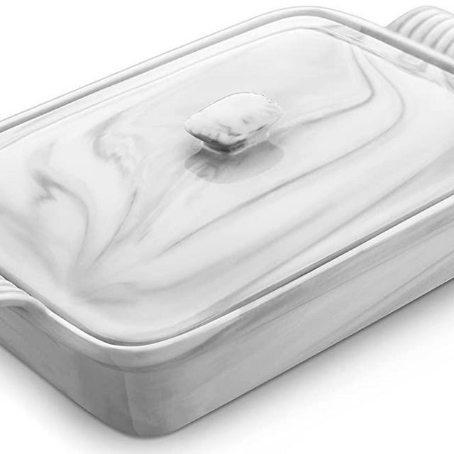 Casserole Dish with Lid, 3.4 Quart Ceramic Bakeware, MALACASA Covered Rectangular Baking Dish with Lid Oven Safe, Deep Casserole Cookware Lasagna Pan, 12.6 x 9 x 3.15 Inch, Marble Gray