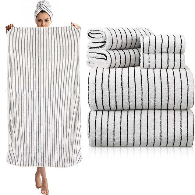 Hillsuren 6 Pcs Oversized Bath Towels for Adults 35x70 Inches Black & White Striped Extra Large Bath Towel Sets Bathroom Sheets Jumbo Shower Towels Quick Dry Absorbent Soft Microfiber for Women Men