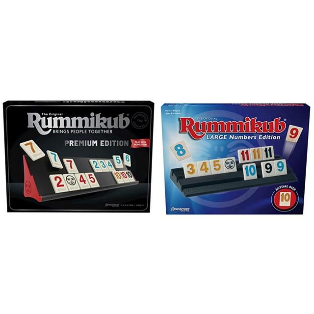 Rummikub Premium Edition by Pressman, Silver & Rummikub Large Numbers Edition - The Original Rummy Tile Game Blue, 5"