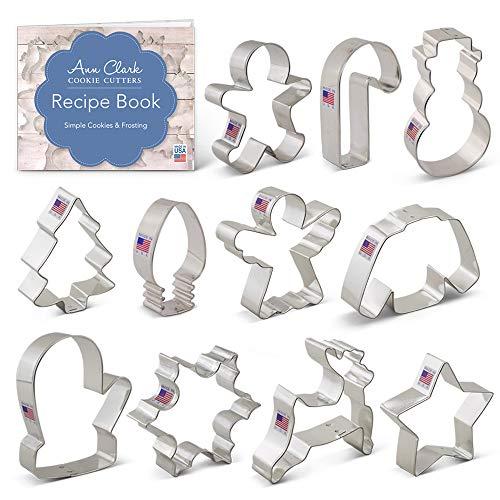 Ann Clark Cookie Cutters 11-Piece Christmas Cookie Cutter Set with Recipe Booklet, Snowflake, Christmas Tree, Candy Cane, Reindeer and More