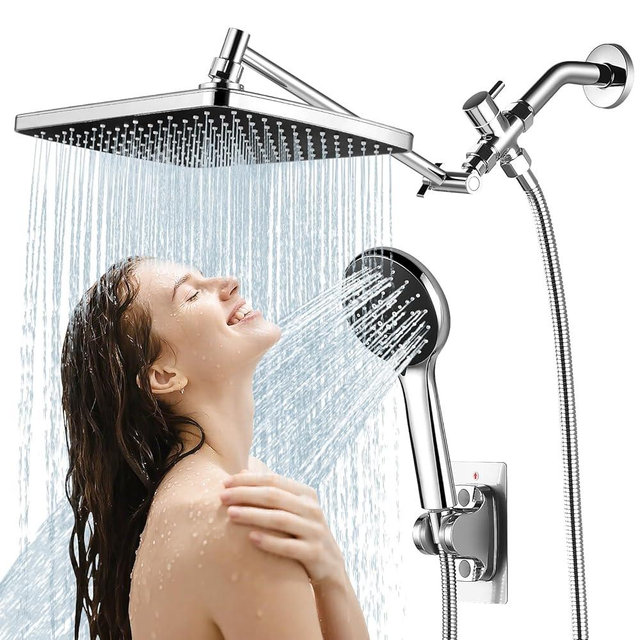 RNDIOZD Shower Head with Handheld Combo,11.8 Inch Large Rectangular Rain Shower Head with 5 Modes Handheld Spray Combo,Adjustable Double Shower Heads with Holder and 11'' Extension Arm,Chrome