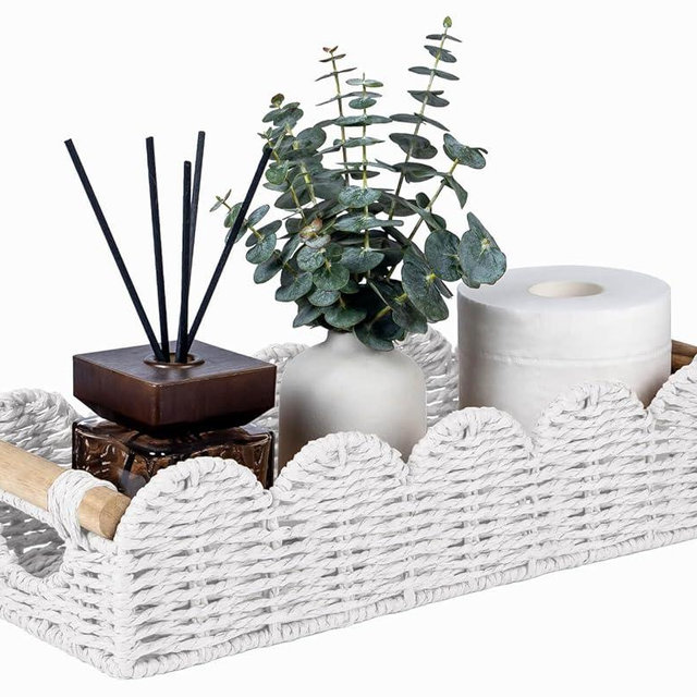CubesLand Bathroom Basket Organizer w/Cut Out Handle, Back of Toilet Paper Storage Baskets Tray for Bathroom Countertop Decorative, Scalloped Wicker Basket Also for Home Decor, Living Room, White