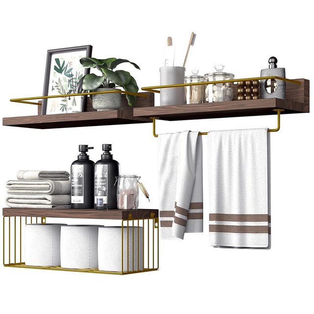 PopiShelves Bathroom Shelves Over Toilet for Wall, Floating Shelves with Storage Basket Paper Holer for Kitchen Living Room, Bedroom & Classroom, Set of 3 (Brown and Gold)