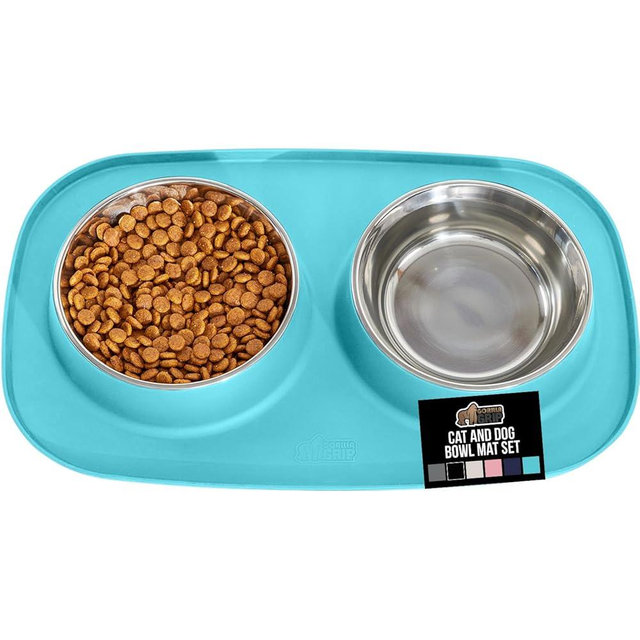 GORILLA GRIP Feeding Mat Bowl Set, 100% Waterproof BPA Free Silicone, 304 Stainless Steel Cat and Dog Bowls for Food and Water, Slip Resistant, High Edge, US Designed, Patent Pending, 2 Cup Turquoise