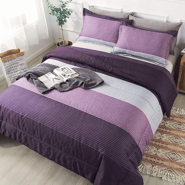 Andency Stripe Comforter Set Full Size (79x90 Inch), 3 Pieces Purple and Gray Patchwork Striped Comforter, Soft Microfiber Down Alternative Comforter Bedding Set with Corner Loops (Eggplant, Grey)