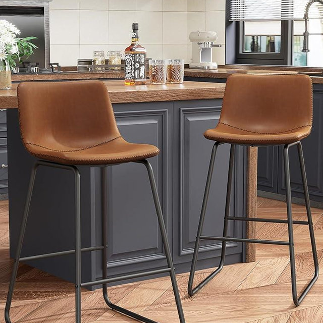 REONEY Bar Stools Set of 2, Faux Leather Counter Height Stools, 26" Modern Bar Stools with Metal Legs and Footrest, Urban Armless Counter Chairs with Back for Kitchen Island (Dark Brown)
