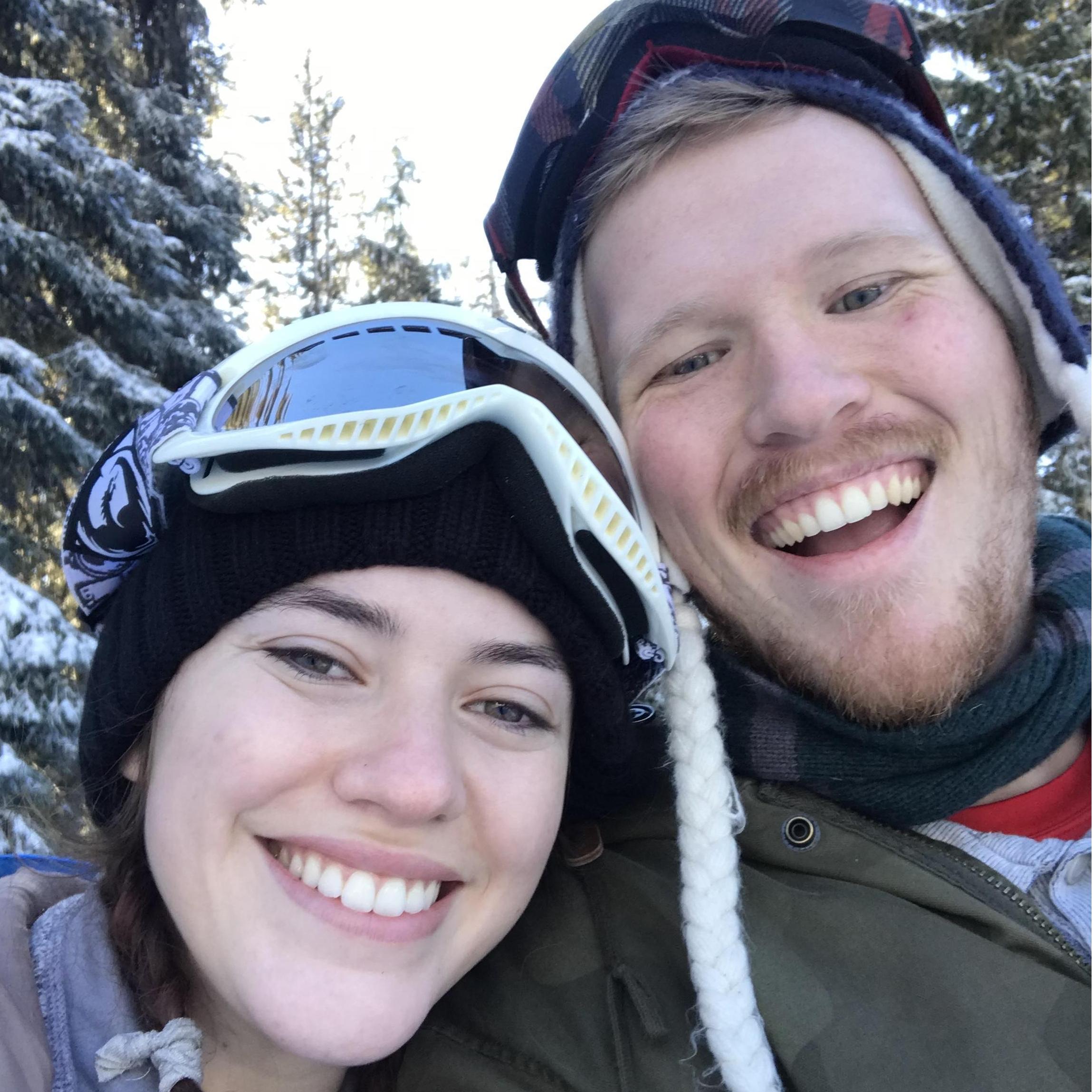 Becca's first time skiing, she fell just standing there and Cameron just laughed