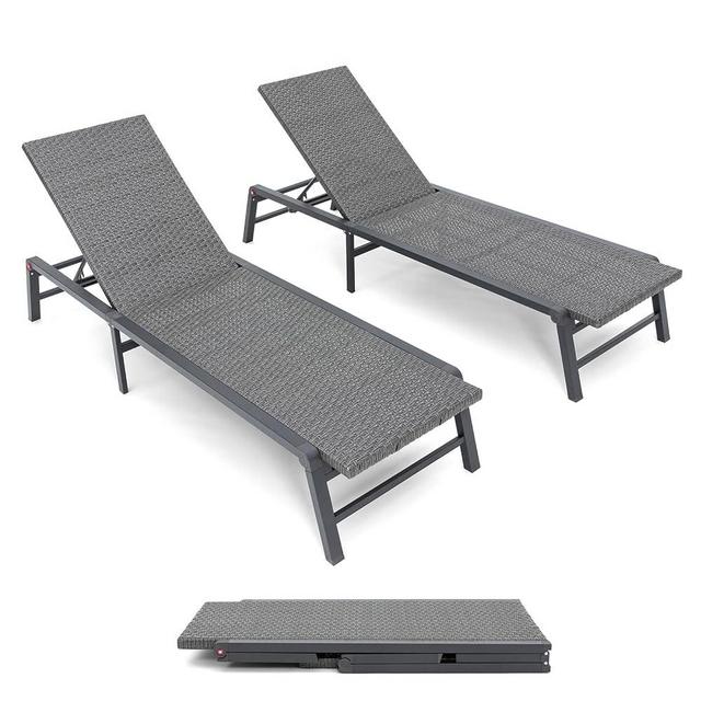 FHVIT Outdoor Chaise Lounge Set of 2, Assemble-Free Aluminum Lounge Chairs for Poolside Outside Sunbathing, Backyard Lay Flat Patio Lounge Chairs, Adjustable Backrest, Gray