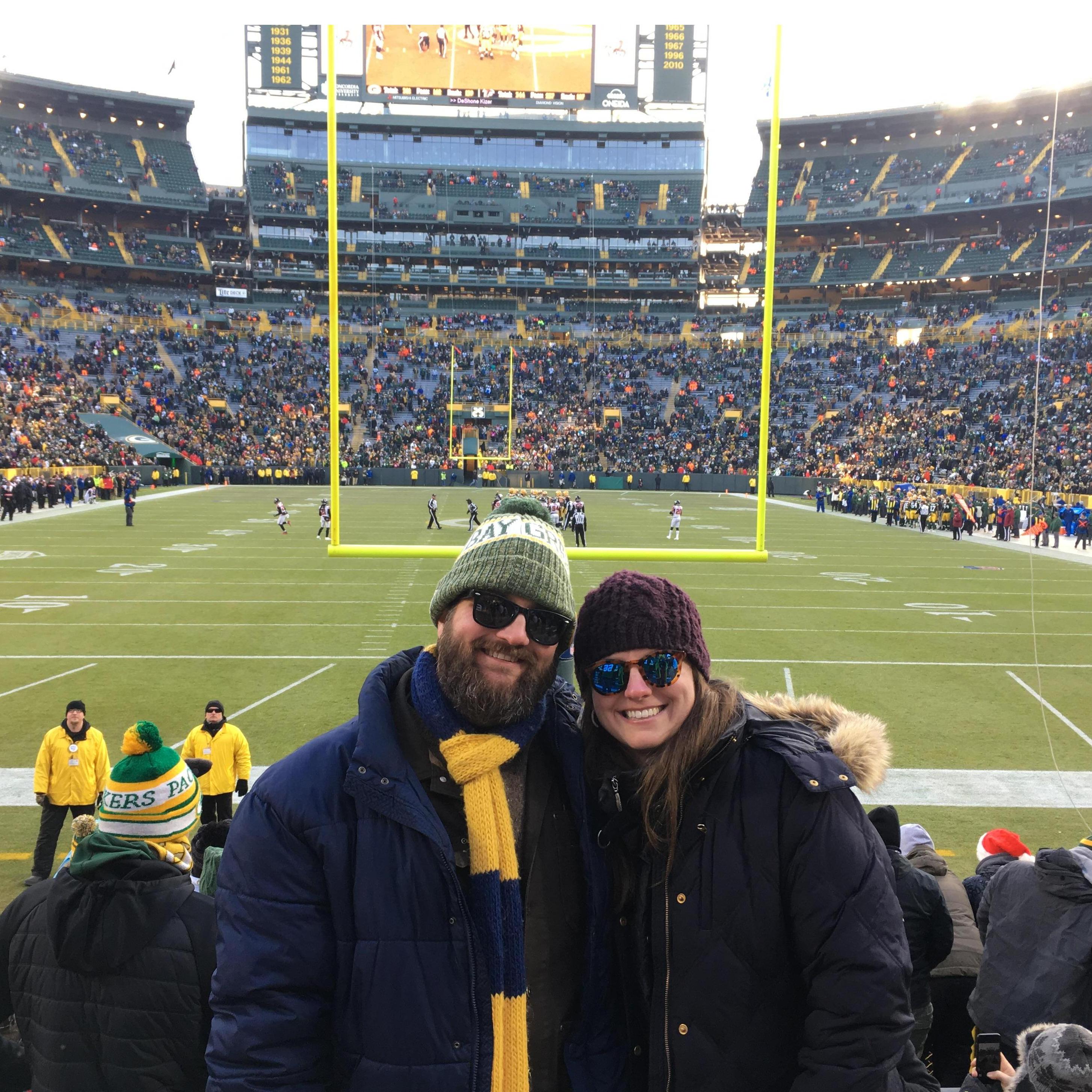Packer football game at Lambeau Field with our friends Mitch and Elonda. It was so cold, we all had about 10 layers on!