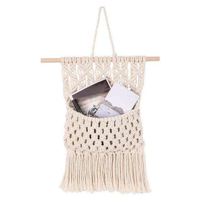 Booluee Macrame Wall Hanging Magazine Holder Macrame Magazine Storage Organizer Mail Holder Wall Mount Cotton Wovening Hanging Pocket Boho Chic Home Decor