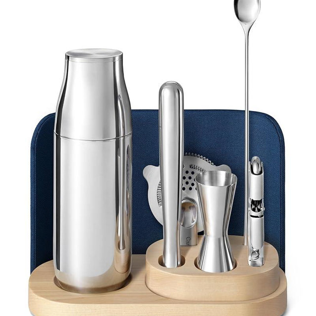 Caraway 9-Piece Complete Bar Set - Cocktail Shaker, Jigger, Muddler, Wine Key, Strainer, Bar Spoon, Storage Organizer, Magnetic Backer - Bartender Accessories - Tools for Home Bartending - Navy