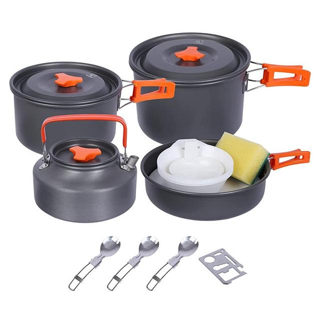 REDCAMP 12/13/17/22 PCS Camping Cookware Set with Kettle, Lightweight Backpacking Cookset for 2-5 Persons, Anodized Aluminum Compact Camping Pots and Pans Set