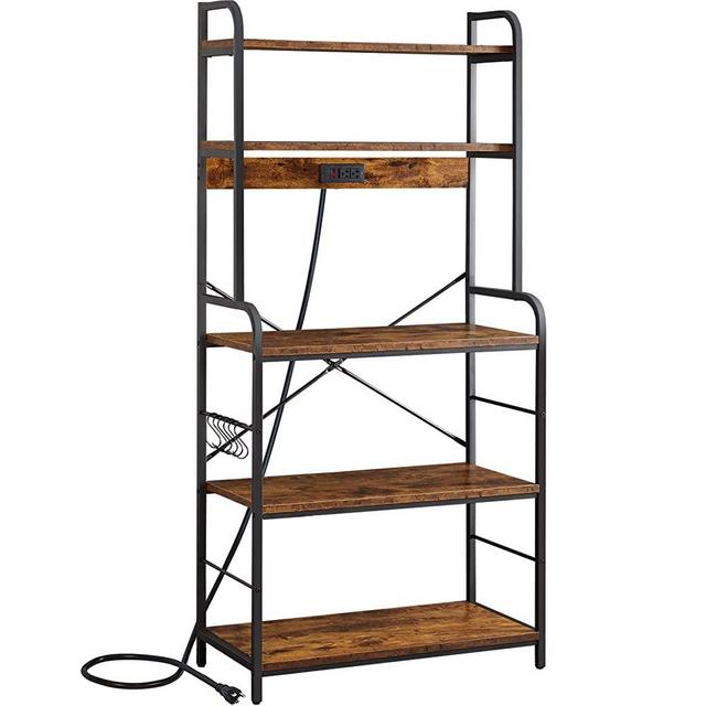 SUPERJARE Kitchen Bakers Rack with Power Outlet, 5-Tier Microwave Stand with Storage, 31.5'' Kitchen Shelf Organizer, Coffee Bar Table Station, 6 Side Hooks, Metal Frame - Rustic Brown