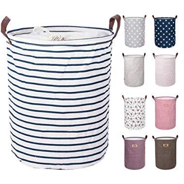 DOKEHOM 17.7-Inches Large Laundry Basket (9 Colors), Drawstring Waterproof Round Cotton Linen Collapsible Storage Basket (Blue Strips, M)