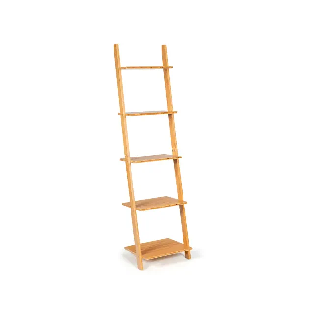 Costway 5-Tier Ladder Shelf Modern Bamboo Leaning Bookshelf Ladder Bookcase Open Display