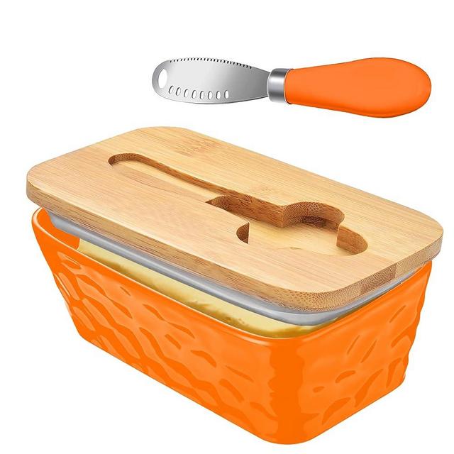 Lovelyduo Large Butter Dish with Lid for Countertop Ceramic Butter Container with Knife Holder Spreader Double Silicone Seals Butte Keeper Stone Pattern Rectangle Orange
