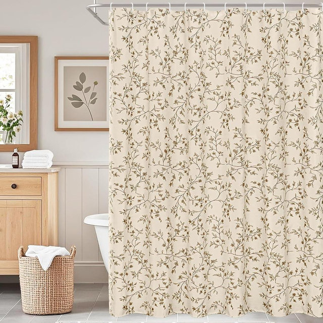 Fammio Brown Floral Shower Curtain Linen, Twiggy Leaves Flower Shower Curtain for Bathroom 72x72, Luxury Farmhouse Chic Bathroom Décor
